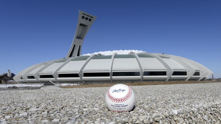 Mar 26, 2019; Montreal, Quebec, CAN; General view of the Olympic Stadium with a baseball before a spring training game between the Milwaukee Brewers and the Toronto Blue Jays.