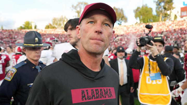 Jan 1, 2026; Pasadena, CA, USA; Alabama Crimson Tide head coach Kalen Deboer leaves the field after the 2026 Rose Bowl and quarterfinal game of the College Football Playoff against the Indiana Hoosiers at Rose Bowl Stadium. Mandatory Credit: Kirby Lee-Imagn Images Jan 1, 2026; Pasadena, CA, USA; Alabama Crimson Tide head coach Kalen Deboer leaves the field after the 2026 Rose Bowl and quarterfinal game of the College Football Playoff against the Indiana Hoosiers at Rose Bowl Stadium. Mandatory Credit: Kirby Lee-Imagn Images