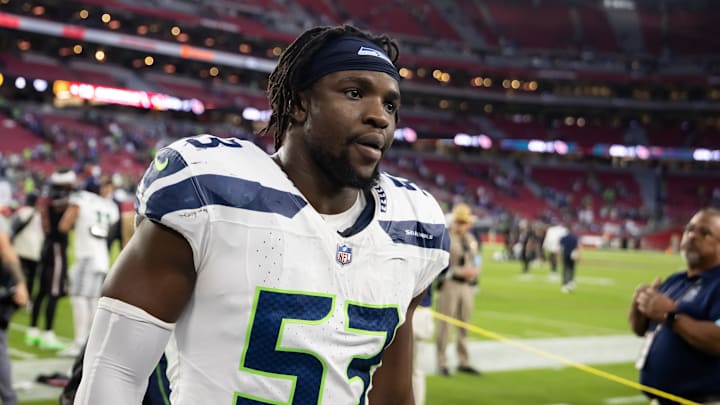 Dec 8, 2024; Glendale, Arizona, USA; Seattle Seahawks linebacker Boye Mafe (53) against the Arizona Cardinals at State Farm Stadium. Mandatory Credit: Mark J. Rebilas-Imagn Images