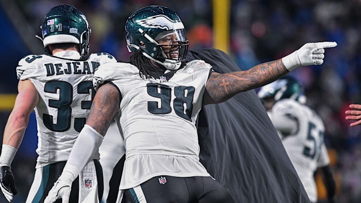 Dec 28, 2025; Orchard Park, New York, USA; Philadelphia Eagles defensive tackle Jalen Carter (98) reacts to winning a game against the Buffalo Bills at Highmark Stadium. Mandatory Credit: Mark Konezny-Imagn Images