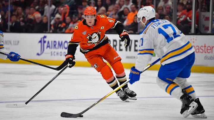 Apr 3, 2026; Anaheim, California, USA; Anaheim Ducks center Leo Carlsson (91) moves in for the puck against St. Louis Blues defenseman Cam Fowler (17) during the second period at Honda Center. Mandatory Credit: Gary A. Vasquez-Imagn Images Apr 3, 2026; Anaheim, California, USA; Anaheim Ducks center Leo Carlsson (91) moves in for the puck against St. Louis Blues defenseman Cam Fowler (17) during the second period at Honda Center. Mandatory Credit: Gary A. Vasquez-Imagn Images