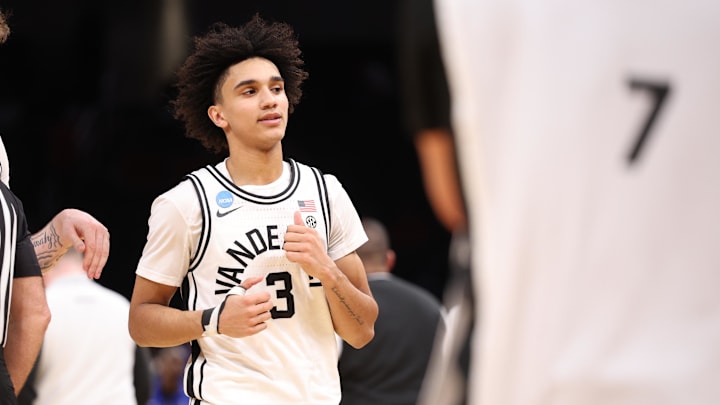 Mar 19, 2026; Oklahoma City, OK, USA; Vanderbilt Commodores guard Tyler Tanner (3) reacts after defeating the McNeese Cowboys during a first round game of the men's 2026 NCAA Tournament at Paycom Center. Mandatory Credit: William Purnell-Imagn Images Mar 19, 2026; Oklahoma City, OK, USA; Vanderbilt Commodores guard Tyler Tanner (3) reacts after defeating the McNeese Cowboys during a first round game of the men's 2026 NCAA Tournament at Paycom Center. Mandatory Credit: William Purnell-Imagn Images