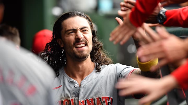 Sep 29, 2024; Chicago, Illinois, USA; Cincinnati Reds second base Jonathan India (6) celebrates with teammates in the dugout during the tenth inning against the Chicago Cubs at Wrigley Field. Mandatory Credit: Patrick Gorski-Imagn Images