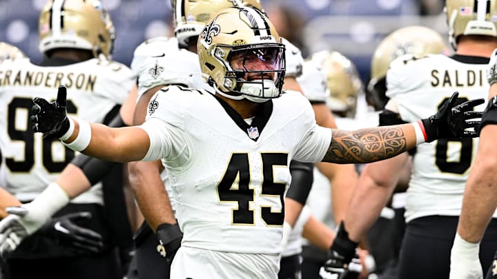 Oct 15, 2023; Houston, Texas, USA; New Orleans Saints linebacker Nephi Sewell (45) reacts prior to the game against the Houston Texans at NRG Stadium. Mandatory Credit: Maria Lysaker-Imagn Images Oct 15, 2023; Houston, Texas, USA; New Orleans Saints linebacker Nephi Sewell (45) reacts prior to the game against the Houston Texans at NRG Stadium. Mandatory Credit: Maria Lysaker-Imagn Images