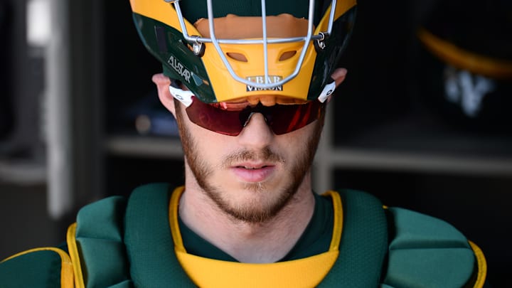 Feb 24, 2020; Mesa, Arizona, USA; Oakland Athletics catcher Jonah Heim (37) looks on prior to a spring training game against the Milwaukee Brewers at HohoKam Stadium. Mandatory Credit: Joe Camporeale-Imagn Images