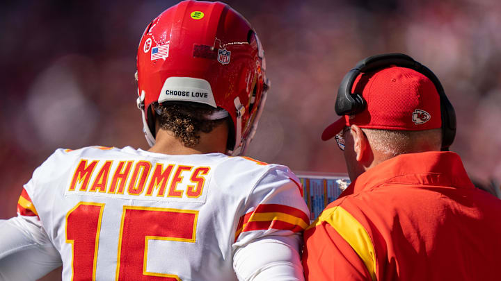 October 23, 2022; Santa Clara, California, USA; Kansas City Chiefs quarterback Patrick Mahomes (15) and head coach Andy Reid (right) during the second quarter against the San Francisco 49ers at Levi's Stadium. Mandatory Credit: Kyle Terada-Imagn Images