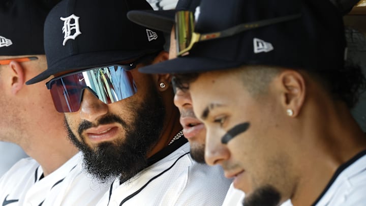 Detroit Tigers second baseman Gleyber Torres (25) sits in the dugout in the first inning against the Houston Astros at Comerica Park.