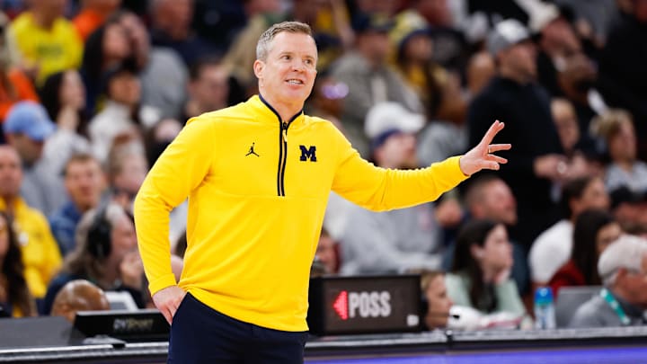 Mar 15, 2026; Chicago, IL, USA; Michigan Wolverines head coach Dusty May gestures during the first half against the Purdue Boilermakers during the men's Big Ten Conference Tournament Championship at United Center. Mandatory Credit: Kamil Krzaczynski-Imagn Images
