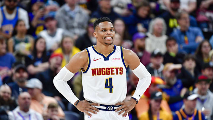 Denver Nuggets guard Russell Westbrook (4) watches during a free throw against the Utah Jazz during the first half at the Delta Center. 