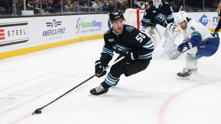Feb 2, 2026; Salt Lake City, Utah, USA; Utah Mammoth defenseman Sean Durzi (50) clears the puck against the Vancouver Canucks during the first period at Delta Center. Mandatory Credit: Rob Gray-Imagn Images