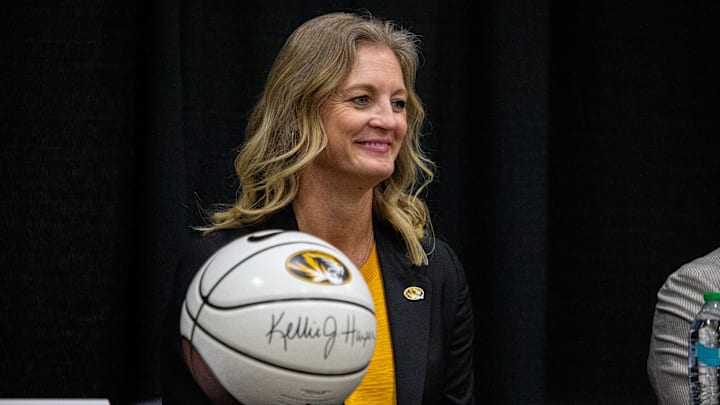 March 31, 2025; Columbia, Missouri, USA; Missouri Tigers women's basketball head coach Kellie Harper at her introductory press conference in the Mizzou Arena Practice Gym. March 31, 2025; Columbia, Missouri, USA; Missouri Tigers women's basketball head coach Kellie Harper at her introductory press conference in the Mizzou Arena Practice Gym.