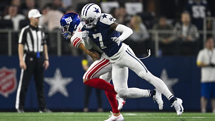 New York Giants wide receiver Isaiah Hodgins and Dallas Cowboys cornerback Trevon Diggs in action.