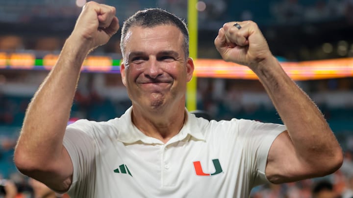 Sep 20, 2025; Miami Gardens, Florida, USA; Miami Hurricanes head coach Mario Cristobal reacts after the game against the Florida Gators at Hard Rock Stadium. Mandatory Credit: Sam Navarro-Imagn Images Sep 20, 2025; Miami Gardens, Florida, USA; Miami Hurricanes head coach Mario Cristobal reacts after the game against the Florida Gators at Hard Rock Stadium. Mandatory Credit: Sam Navarro-Imagn Images