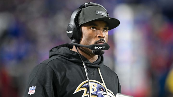 Sep 7, 2025; Orchard Park, New York, USA; Baltimore Ravens defensive coordinator Zach Orr on the sidelines before a game against the Buffalo Bills at Highmark Stadium. Mandatory Credit: Mark Konezny-Imagn Images