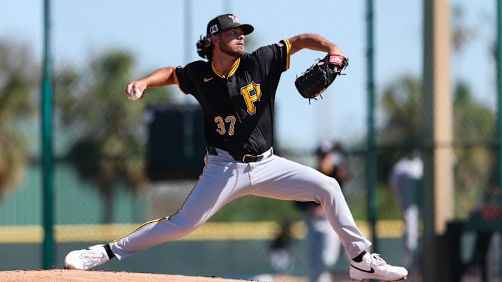 Feb 17, 2025; Bradenton, FL, USA;  Pittsburgh Pirates pitcher Jared Jones (37) participates in spring training workouts at Pirate City. Mandatory Credit: Nathan Ray Seebeck-Imagn Images