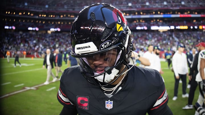 Dec 8, 2024; Glendale, Arizona, USA; Arizona Cardinals quarterback Kyler Murray (1) against the Seattle Seahawks at State Farm Stadium. Mandatory Credit: Mark J. Rebilas-Imagn Images