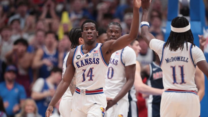 Kansas Jayhawks guard Melvin Council Jr. (14) reacts after scoring against Arizona Wildcats during the game inside Allen Fieldhouse on Feb. 9, 2026.