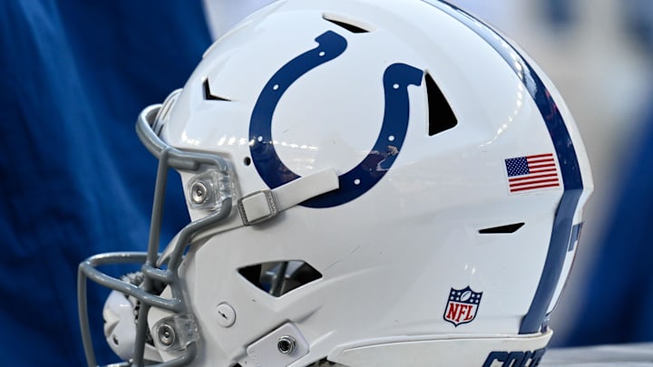Dec 1, 2024; Foxborough, Massachusetts, USA; An Indianapolis Colts helmet sits on an equipment case during the first half against the New England Patriots at Gillette Stadium. Mandatory Credit: Eric Canha-Imagn Images