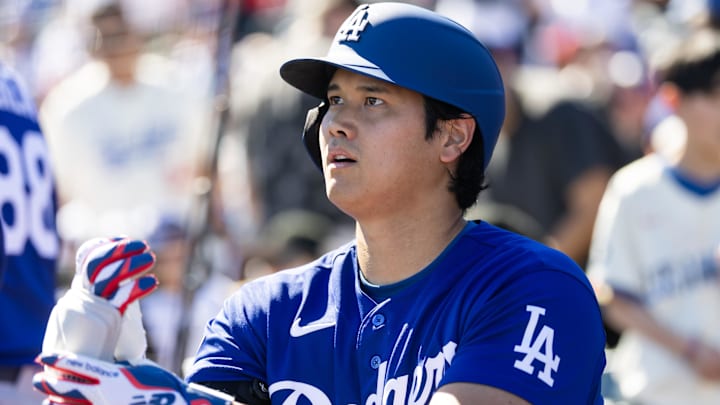 Feb 21, 2026; Tempe, Arizona, USA; Los Angeles Dodgers designated hitter Shohei Ohtani against the Los Angeles Angels during a spring training game at Tempe Diablo Stadium. Mandatory Credit: Mark J. Rebilas-Imagn Images