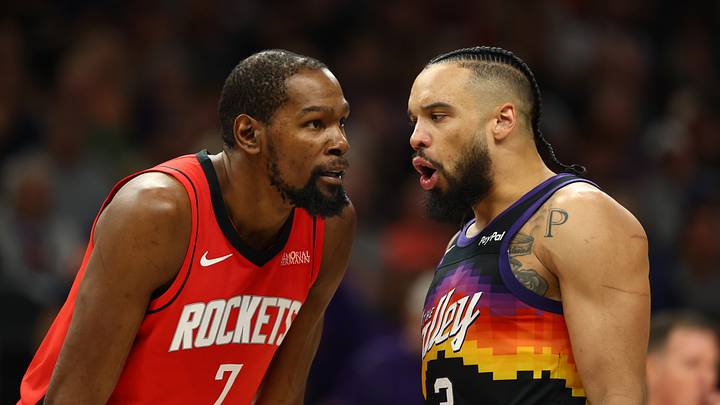Apr 7, 2026; Phoenix, Arizona, USA; Houston Rockets forward Kevin Durant (7) against Phoenix Suns forward Dillon Brooks (3) at Mortgage Matchup Center. Mandatory Credit: Mark J. Rebilas-Imagn Images Apr 7, 2026; Phoenix, Arizona, USA; Houston Rockets forward Kevin Durant (7) against Phoenix Suns forward Dillon Brooks (3) at Mortgage Matchup Center. Mandatory Credit: Mark J. Rebilas-Imagn Images