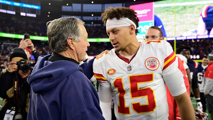 Dec 17, 2023; Foxborough, Massachusetts, USA; New England Patriots head coach Bill Belichick shakes hands with Kansas City Chiefs quarterback Patrick Mahomes (15)  after a game at Gillette Stadium. Mandatory Credit: Eric Canha-Imagn Images