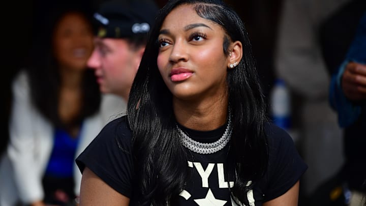 WNBA basketball player Angel Reese attends the game between the Los Angeles Rams and San Francisco. WNBA basketball player Angel Reese attends the game between the Los Angeles Rams and San Francisco.