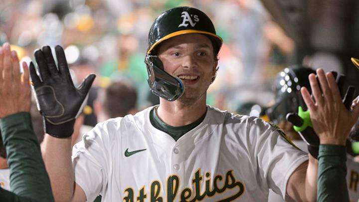 Athletics first baseman Nick Kurtz celebrates with teammates after hitting a home run against the Los Angeles Angels during the eighth inning at Sutter Health Park. 