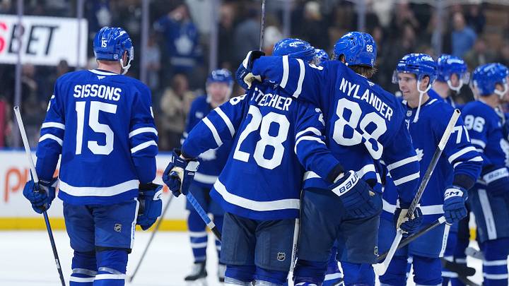 Oct 22, 2026; Toronto, Ontario, CAN;  Toronto Maple Leafs defenseman Troy Stecher (28) celebrates the win with right wing William Nylander (88) against the New York Rangers at the end of the third period at Scotiabank Arena.  Mandatory Credit: Nick Turchiaro-Imagn Images