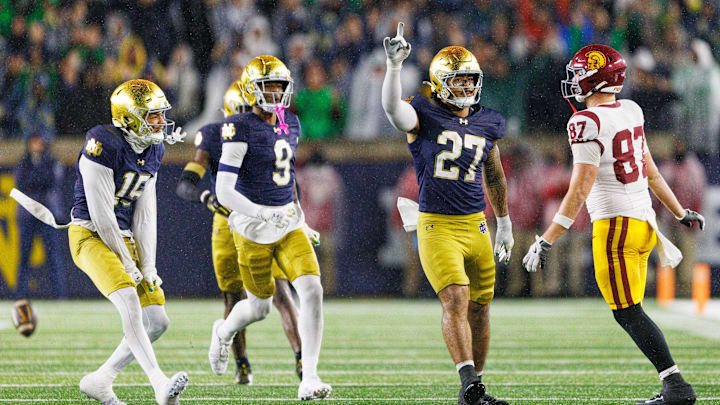 Notre Dame linebacker Kyngstonn Viliamu-Asa (27) celebrates after getting a stop on fourth down in the second half of a NCAA football game against Southern California at Notre Dame Stadium on Saturday, Oct. 18, 2025, in South Bend.