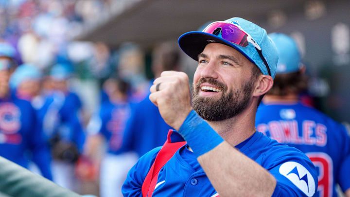 Mar 8, 2025; Mesa, Arizona, USA; Chicago Cubs infielder Jon Berti (5) reacts to players returning to the dugout in the seventh inning of a spring training game against the Seattle Mariners at Sloan Park. Mar 8, 2025; Mesa, Arizona, USA; Chicago Cubs infielder Jon Berti (5) reacts to players returning to the dugout in the seventh inning of a spring training game against the Seattle Mariners at Sloan Park.