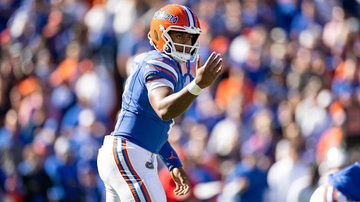 Nov 23, 2024; Gainesville, Florida, USA; Florida Gators quarterback DJ Lagway (2) gestures before the snap against the Mississippi Rebels during the first half at Ben Hill Griffin Stadium. Mandatory Credit: Matt Pendleton-Imagn Images Nov 23, 2024; Gainesville, Florida, USA; Florida Gators quarterback DJ Lagway (2) gestures before the snap against the Mississippi Rebels during the first half at Ben Hill Griffin Stadium. Mandatory Credit: Matt Pendleton-Imagn Images