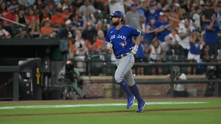 Aug 22, 2023; Baltimore, Maryland, USA; Toronto Blue Jays designated hitter Brandon Belt (13) runs