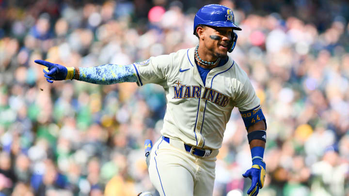 Sep 29, 2024; Seattle, Washington, USA; Seattle Mariners center fielder Julio Rodriguez (44) celebrates after hitting an RBI single against the Oakland Athletics during the fifth inning at T-Mobile Park. Mandatory Credit: Steven Bisig-Imagn Images Sep 29, 2024; Seattle, Washington, USA; Seattle Mariners center fielder Julio Rodriguez (44) celebrates after hitting an RBI single against the Oakland Athletics during the fifth inning at T-Mobile Park. Mandatory Credit: Steven Bisig-Imagn Images