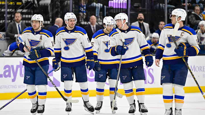 Jan 18, 2025; Salt Lake City, Utah, USA; St. Louis Blues skate to a face-off against the Utah Hockey Club during third period at the Delta Center. Mandatory Credit: Christopher Creveling-Imagn Images