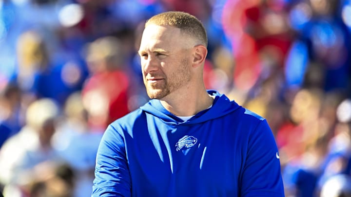 Oct 20, 2024; Orchard Park, New York, USA; Buffalo Bills offensive coordinator Joe Brady on th field before a game against the Tennessee Titans at Highmark Stadium.