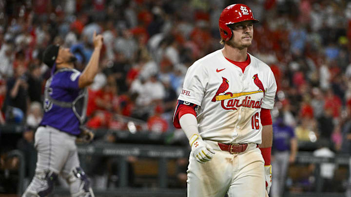Jun 6, 2024; St. Louis, Missouri, USA;  St. Louis Cardinals second baseman Nolan Gorman (16) walks back to the dugout after striking out to end the game against the Colorado Rockies at Busch Stadium. Mandatory Credit: Jeff Curry-USA TODAY Sports