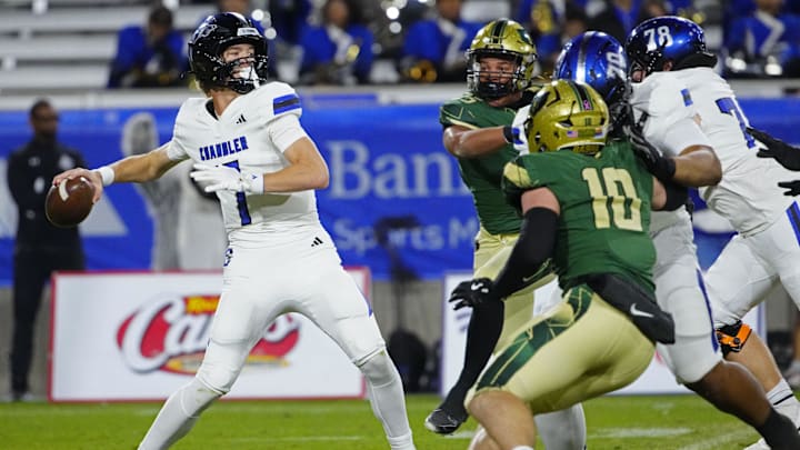 Chandler quarterback Will Mencl (7) throws against Basha during the Open state championship at Mountain America Stadium in Tempe on Dec. 6, 2025.