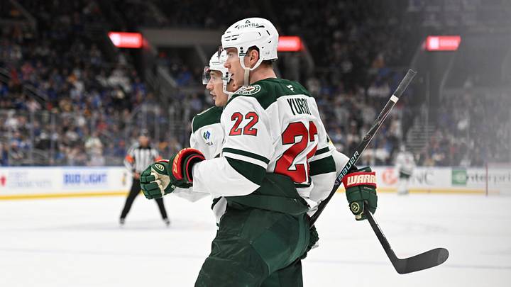 Apr 13, 2026; St. Louis, Missouri, USA; Minnesota Wild right wing Danila Yurov (22) is congratulated after scoring against the St. Louis Blues in the first period at Enterprise Center. Mandatory Credit: Joe Puetz-Imagn Images Apr 13, 2026; St. Louis, Missouri, USA; Minnesota Wild right wing Danila Yurov (22) is congratulated after scoring against the St. Louis Blues in the first period at Enterprise Center. Mandatory Credit: Joe Puetz-Imagn Images