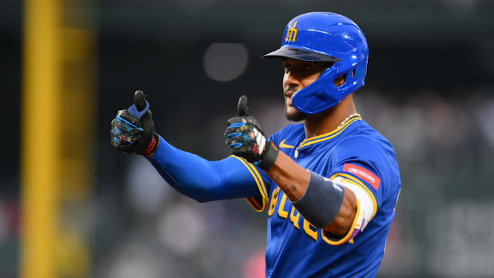 Sep 11, 2025; Seattle, Washington, USA; Seattle Mariners center fielder Julio Rodriguez (44) celebrates after hitting a single against the Los Angeles Angels during the first inning at T-Mobile Park. Mandatory Credit: Steven Bisig-Imagn Images