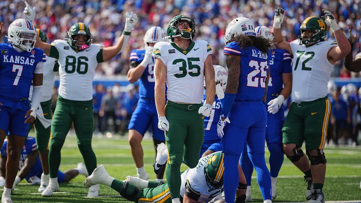 Oct 24, 2026; Lawrence, Kansas, USA; Baylor Bears running back Dawson Pendergrass (35) celebrates after scoring a touchdown during the first half against the Kansas Jayhawks at David Booth Kansas Memorial Stadium. Mandatory Credit: Jay Biggerstaff-Imagn Images