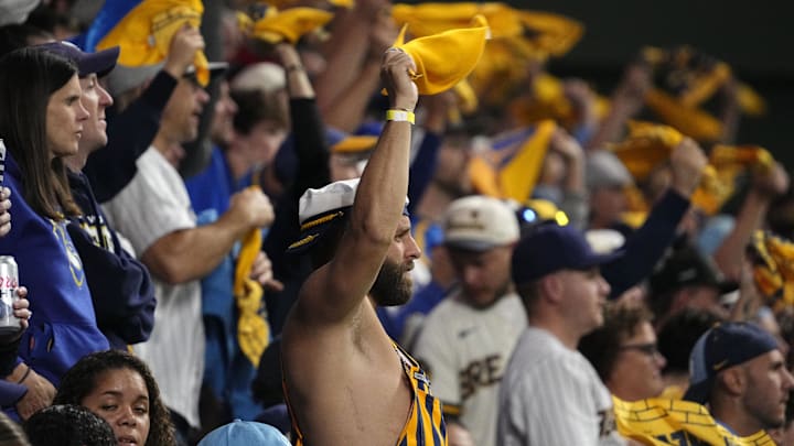 Oct 14, 2025; Milwaukee, Wisconsin, USA; Milwaukee Brewers fans react against the Los Angeles Dodgers in the fifth inning during game two of the NLCS round for the 2025 MLB playoffs at American Family Field.
