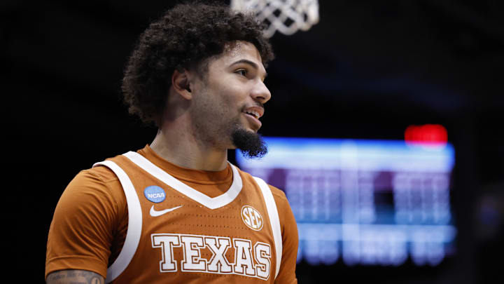 Texas Longhorns guard Jordan Pope reacts in the second half against the NC State Wolfpack during a first four game of the men's 2026 NCAA Tournament at University of Dayton Arena. 