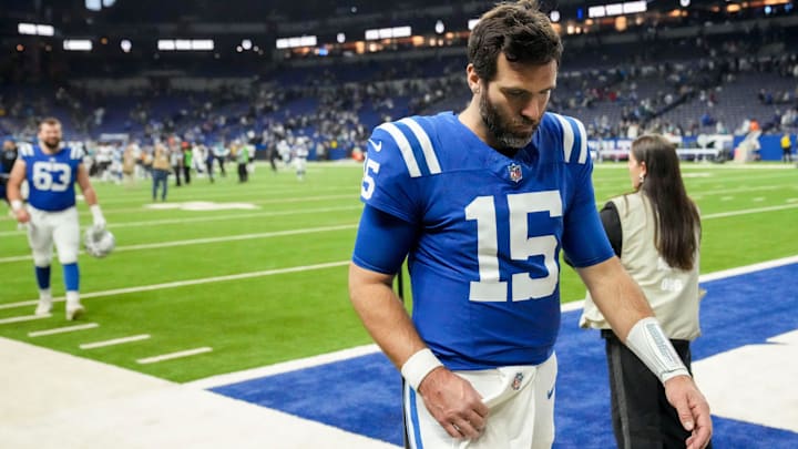 Indianapolis Colts quarterback Joe Flacco (15) leaves the field Sunday, Jan. 5, 2025, after defeating the Jacksonville Jaguars 26-23 in overtime at Lucas Oil Stadium in Indianapolis.