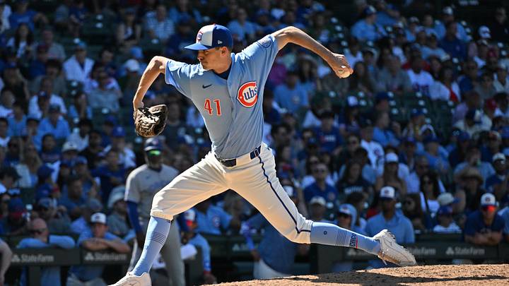 Jun 19, 2026; Chicago, Illinois, USA; Chicago Cubs pitcher Hoby Milner (41) pitches against the Toronto Blue Jays during the ninth inning at Wrigley Field. Mandatory Credit: Patrick Gorski-Imagn Images
