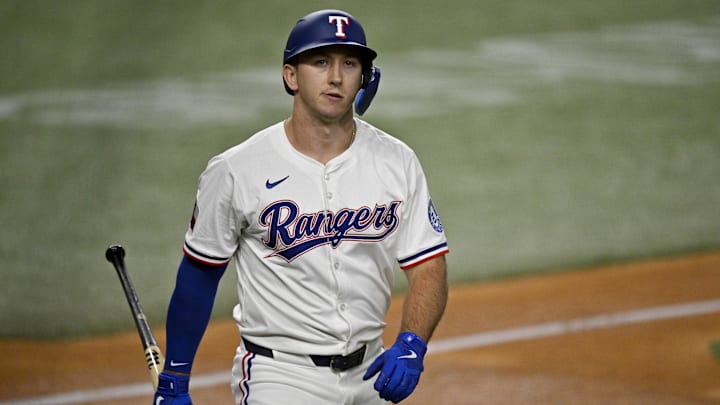 Texas Rangers center fielder Wyatt Langford (36) reacts to striking out against the Arizona Diamondbacks during the second inning at Globe Life Field. Texas Rangers center fielder Wyatt Langford (36) reacts to striking out against the Arizona Diamondbacks during the second inning at Globe Life Field.