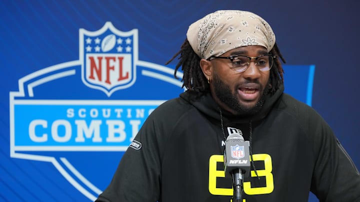 Feb 27, 2025; Indianapolis, IN, USA; North Carolina defensive lineman Kaimon Rucker (DL63) during the 2025 NFL Scouting Combine at the Indiana Convention Center. Mandatory Credit: Kirby Lee-Imagn Images