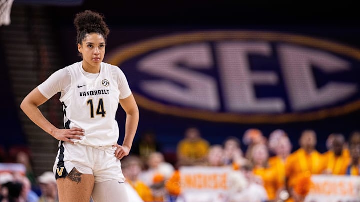Vanderbilt Commodores forward Aiyana Mitchell (14) looks on during the second half against the Tennessee Lady Vols at Bon Secours Wellness Arena. 