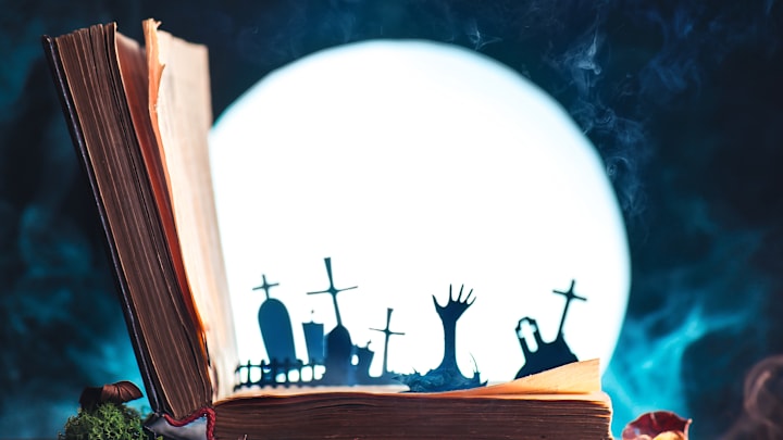 Open book with silhouettes of graveyard and zombie hands with full Moon. Halloween still life with