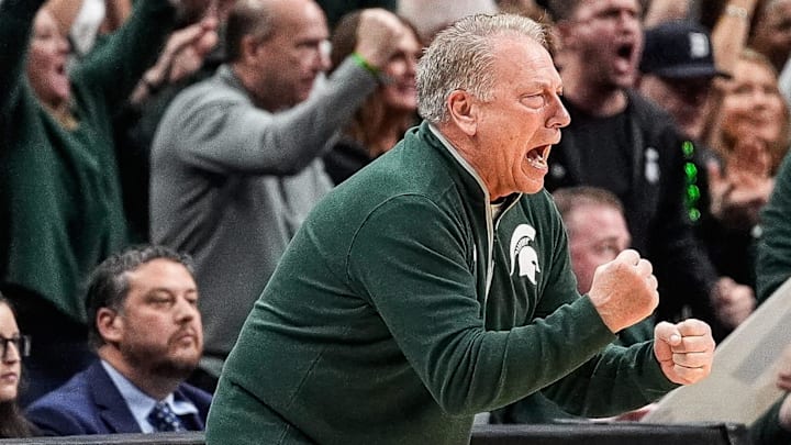 Michigan State head coach Tom Izzo celebrates a play against Auburn during the first half of the Elite Eight round of NCAA tournament at State Farm Arena in Atlanta, Ga. on Sunday, March 30, 2025.