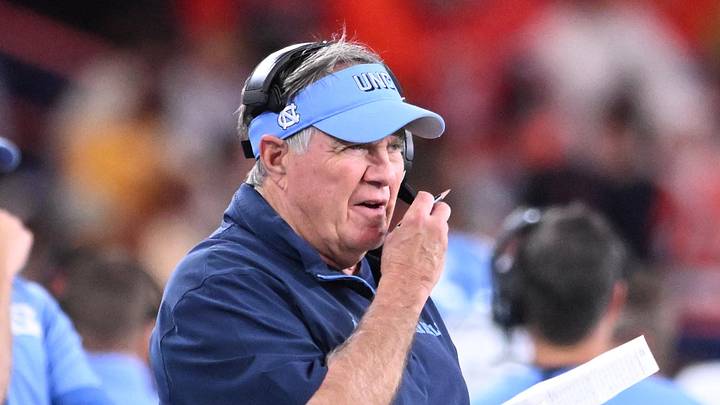 Oct 31, 2025; Syracuse, New York, USA; North Carolina Tar Heels head coach Bill Belichick on the sidelines in the second quarter against the Syracuse Orange at the JMA Wireless Dome. Mandatory Credit: Mark Konezny-Imagn Images